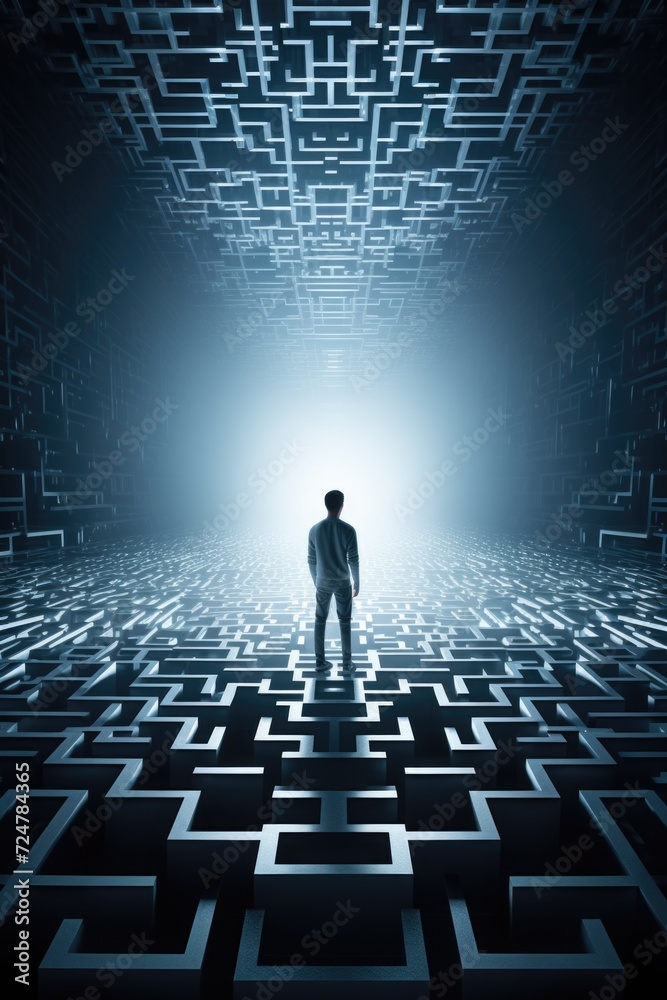 Poster A man stands in a maze, with a beam of light shining at the end. This image can be used to symbolize finding a way out of a difficult situation or achieving a goal
