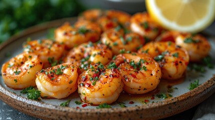  a close up of a plate of shrimp on a plate with a lemon wedge and parsley on the side of the plate and a lemon wedge on the side of the plate. - obrazy, fototapety, plakaty