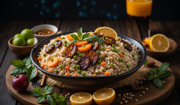 Une assiette de riz frit au poulet avec des oignons verts et des oignons verts.