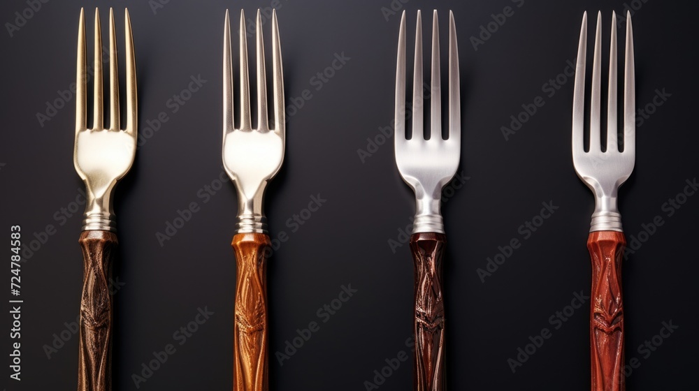 Poster a simple and elegant table setting with four forks and a knife. perfect for restaurant menus or home