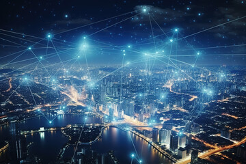 Smart city dot point connect with gradient line, connection technology metaverse concept.