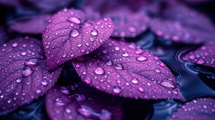  a close up of a purple plant with water droplets on it's leaves and water droplets on it's leaves and water droplets on the leaves of the plant. - Powered by Adobe