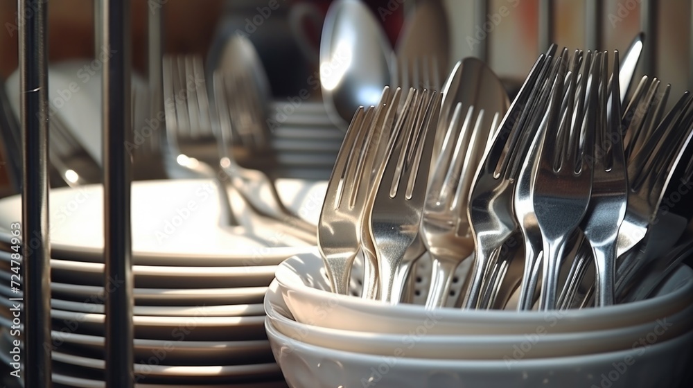 Poster a collection of forks and spoons arranged neatly in a bowl. perfect for kitchen utensil themes or co