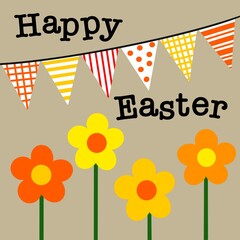 Happy Easter illustration. Easter illustration with bunting and flowers. Bright and colourful Easter design with Spring flowers and bunting flags. 