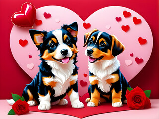 Fototapeta premium Cute couple dog sits with red roses on Valentine's Day and heart background.