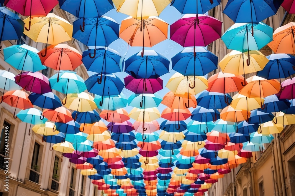 Aufkleber A vibrant street adorned with an array of colorful umbrellas hanging from the ceiling. Perfect for adding a lively touch to any design or project