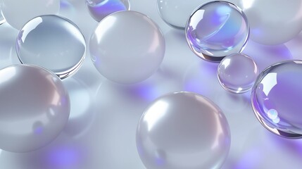 3D rendering of glass balls on a clear white grey background purple soft light