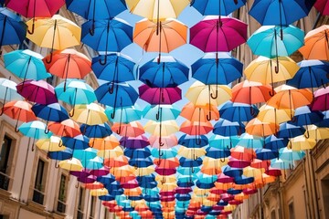 Fototapeta na wymiar A vibrant street adorned with an array of colorful umbrellas hanging from the ceiling. Perfect for adding a lively touch to any design or project