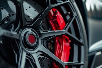 closeup of sports car alloy rim with red brake caliper