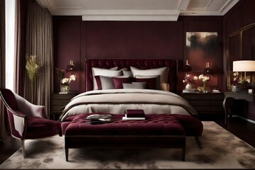 Sophisticated interior design bedroom styled with deep burgundy, elegant ivory, and touches of charcoal