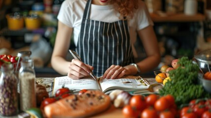 Woman making shopping list for groceries on a notebook to plan a meal for, Budget planning, Making shopping list and managing household expenses to save money. Generative AI.