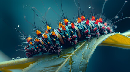 Little caterpillars with unusually beautiful colors sit on the leaves. - obrazy, fototapety, plakaty