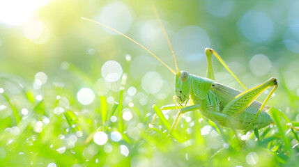 Natural grasshoppers sitting on the grass with bokeh. - obrazy, fototapety, plakaty