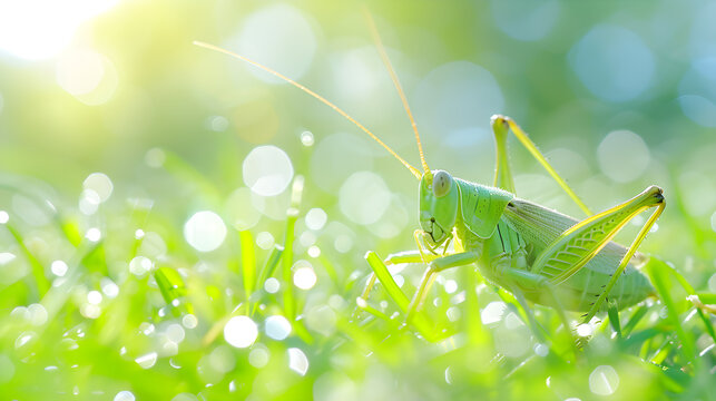 Natural grasshoppers sitting on the grass with bokeh.