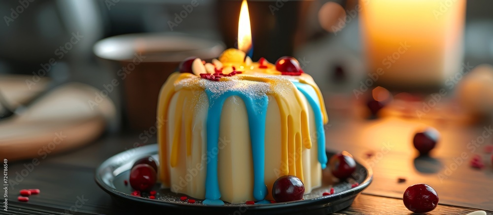 Sticker aromatic candle shaped like a tempting cake, adorned with vibrant colors.