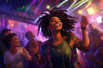 Amidst a vibrant club scene, a person with exuberant dreadlocks dances with pure joy, surrounded by a crowd of happy partygoers