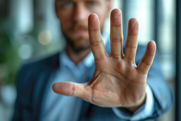 Business man corporate worker making hand gesture not agreeing to a statement or refusing, Not accepting a deal in an office at work. Generative AI. - obrazy, fototapety, plakaty