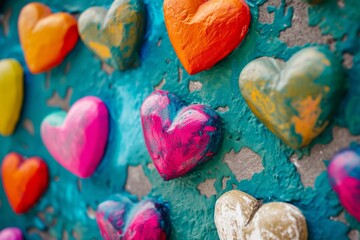 closeup of vibrant multicolored hearts in different sizes on wall