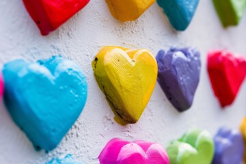 closeup of vibrant multicolored hearts in different sizes on wall