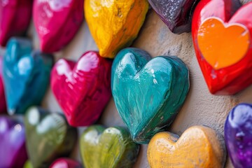 closeup of vibrant multicolored hearts in different sizes on wall