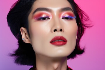 closeup of a non binary model with a colorful eyeshadow palette and red lips, against a vibrant pink backdrop