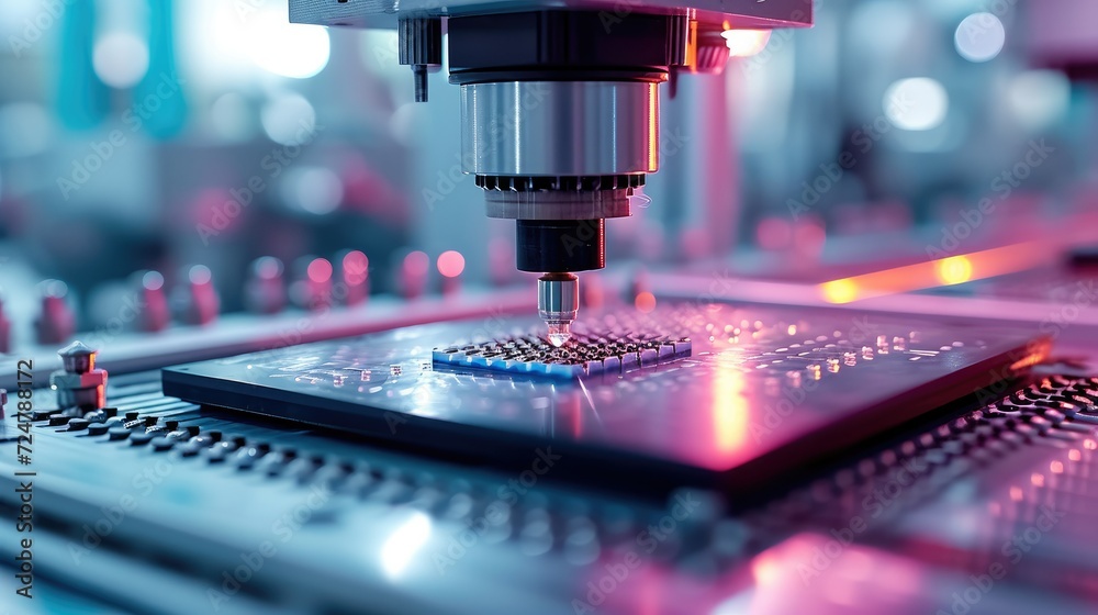 Poster silicon dies are being attached to substrate by pick and place machine on semiconductor factory, com