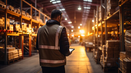 Back view of a worker holding a tablet using a smart warehouse management system on the blurred warehouse as background.