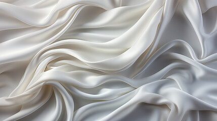 A soft, elegant white silk satin fabric flows and ripples in waves and folds. The fabric is smooth and shiny, with a subtle sheen.