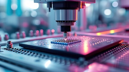 Silicon Dies are being Attached to Substrate by Pick and Place Machine on Semiconductor Factory, Computer Chip Manufacturing, Semiconductor Packaging Process. Generative AI.