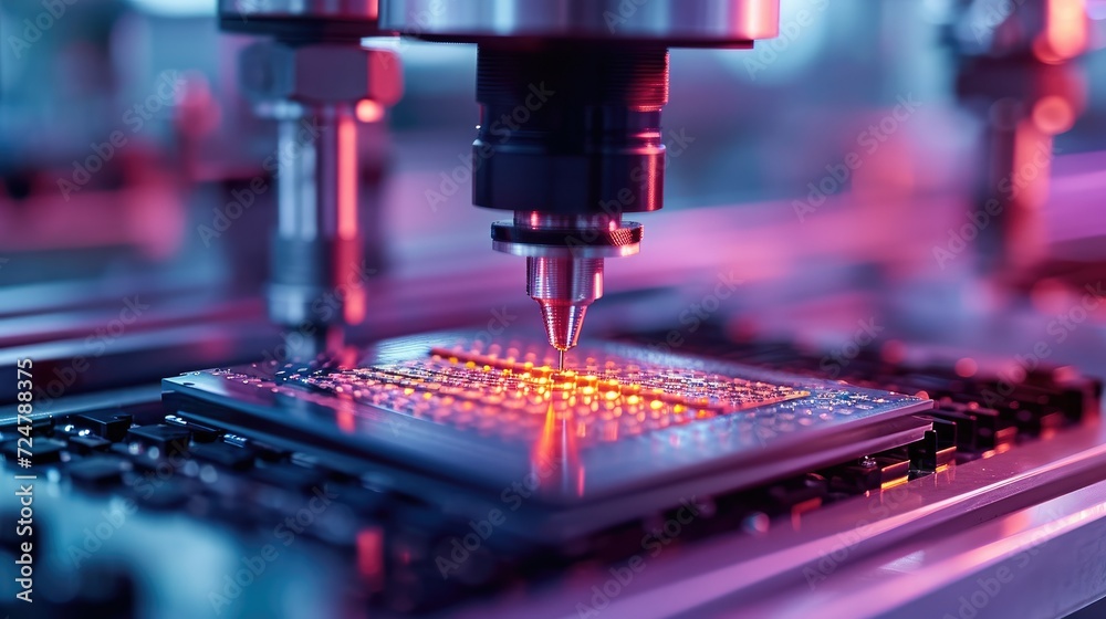 Poster silicon dies are being attached to substrate by pick and place machine on semiconductor factory, com