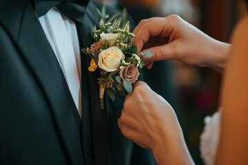 corsage being pinned on a suit jacket - obrazy, fototapety, plakaty