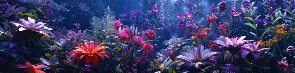 Digital flowers bloom in a surreal cyber garden