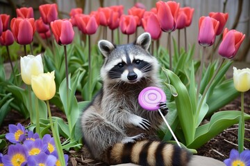 raccoon sitting in a flower bed with a purple lollipop is surrounded by tulips - obrazy, fototapety, plakaty