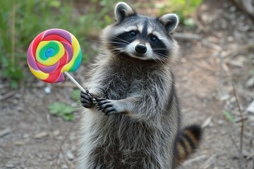 raccoon stands on hind legs in daylight grasping a colorful swirly lollipop - obrazy, fototapety, plakaty