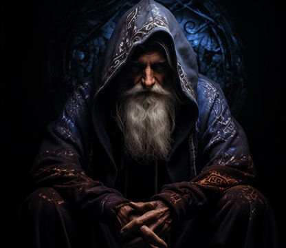 Mage in a hood on a black background.