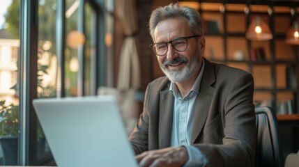 Happy mature business man executive manager looking at laptop computer watching online webinar or...