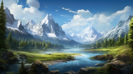Fototapeta na wymiar A beautiful RPG world to which you want to move and admire its beauty and breathtaking views game art