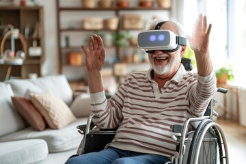 Cheerful disabled senior man in a wheelchair gesturing and smiling while wearing the virtual reality goggles at home in the living room - Powered by Adobe