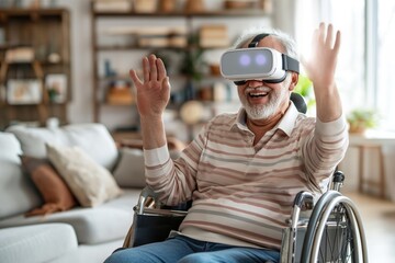 Cheerful disabled senior man in a wheelchair gesturing and smiling while wearing the virtual reality goggles at home in the living room 