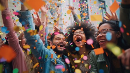 Obraz na płótnie Canvas Happy diverse employees team celebrating success business achievement among confetti
