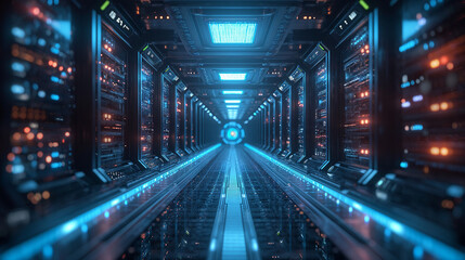 Fototapeta na wymiar Futuristic super computing server room with large servers, wires and buttons. Data storage, cloud storage, mining farm, Generative AI