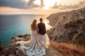 A couple's love takes them to new heights as they stand on a cliff, dressed in their wedding attire, overlooking the vast expanse of the ocean and sky - Powered by Adobe