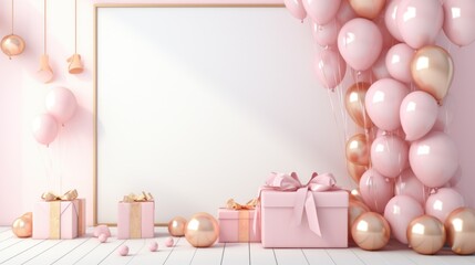 A vibrant pink room filled with colorful balloons, beautifully wrapped presents, and a picture frame. Perfect for birthday celebrations or special occasions.