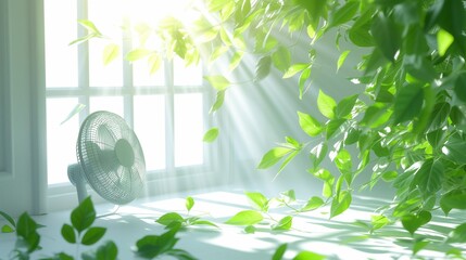 A fan with green leaves in a white bright room by the window blows fresh clean air