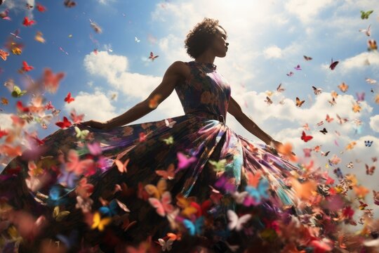 genderqueer person radiates confidence in a floral dress, surrounded by a whirl of butterflies, against a backdrop of clear skies