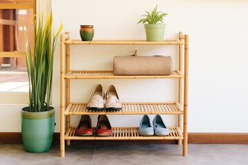 bamboo shoe rack with neatly lined footwear