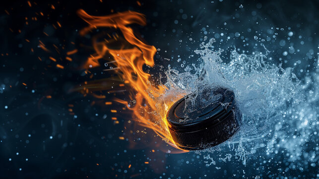 Ice hockey puck with fire and water, Winter sports tournament concept with copy space for text