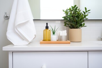 white vanity with soap, towels, and small green plant