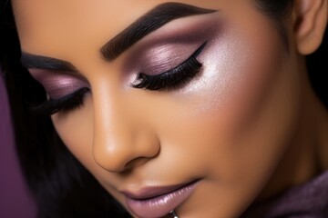 model closeup featuring soft purple eyeshadow, full lashes, and a subtle glow on flawless skin