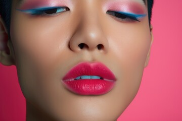 Fototapeta premium model closeup showcasing vibrant blue eyeshadow, pink highlights, and bold red lips against a pink background